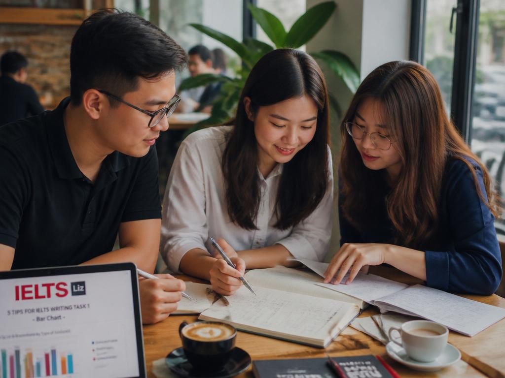 Nhóm học viên Việt Nam học nhóm tại quán cà phê